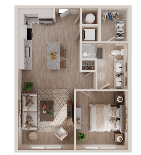 Floor plan for 1 bed, 1 bath, 665 sqft